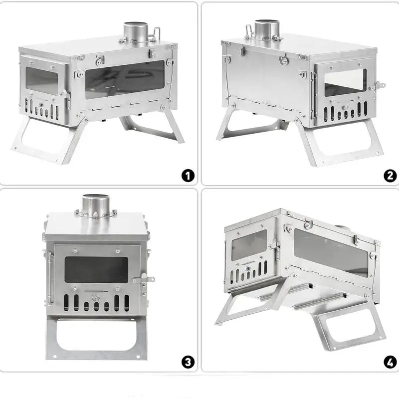 Stainless Steel Portable Tent Stove Foldable with Side Glass Chimney Burner Camping Wood Stove Heating Cooking Grill