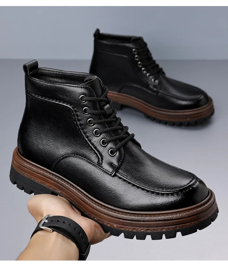 2025 Autumn Winter New Platform Boots for Men Keep Warm Fashion Casual Ankle Boot Male Solid Color Outdoor Cow Leather Shoes Man