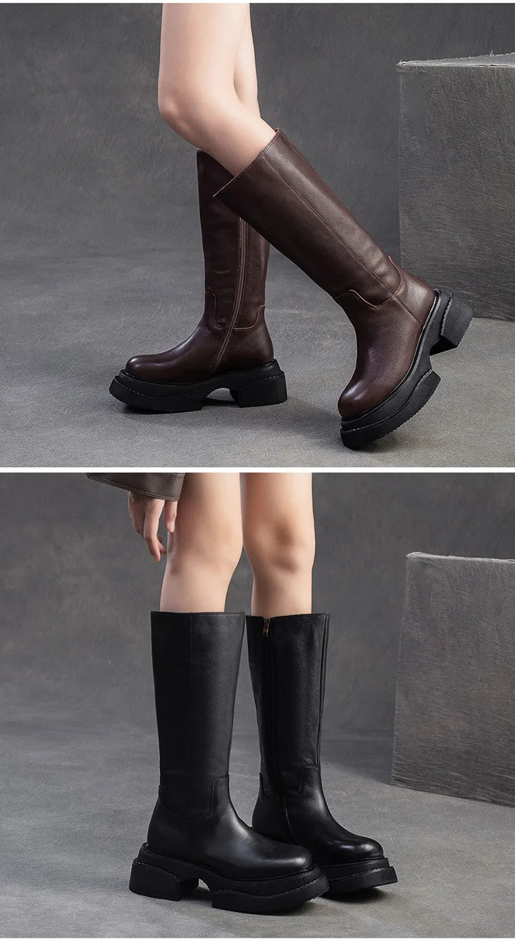 6.5cm Cow Genuine Leather Women Ankle Knee Motorcycle Booties Boots Chunky Heels Platform Wedge Shoes Chimney High ZIP Spring