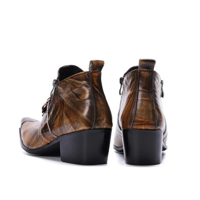 Western men's booties leather shoes pointy brown leather ankle boots men's zipper 6.5cm high heels motorcycle shoes