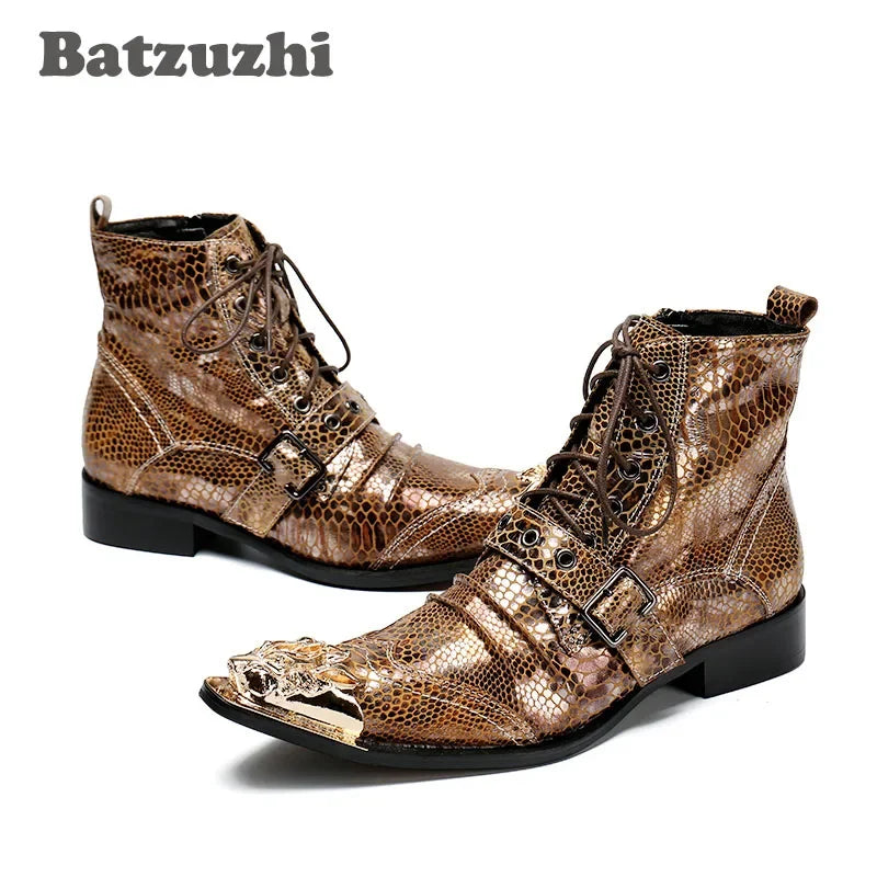 NEW Western Punk Men Boots Ankle Golden Leather Short Boots Rock Winter Autumn Motorcycle Boots Men botas hombre,US6-12