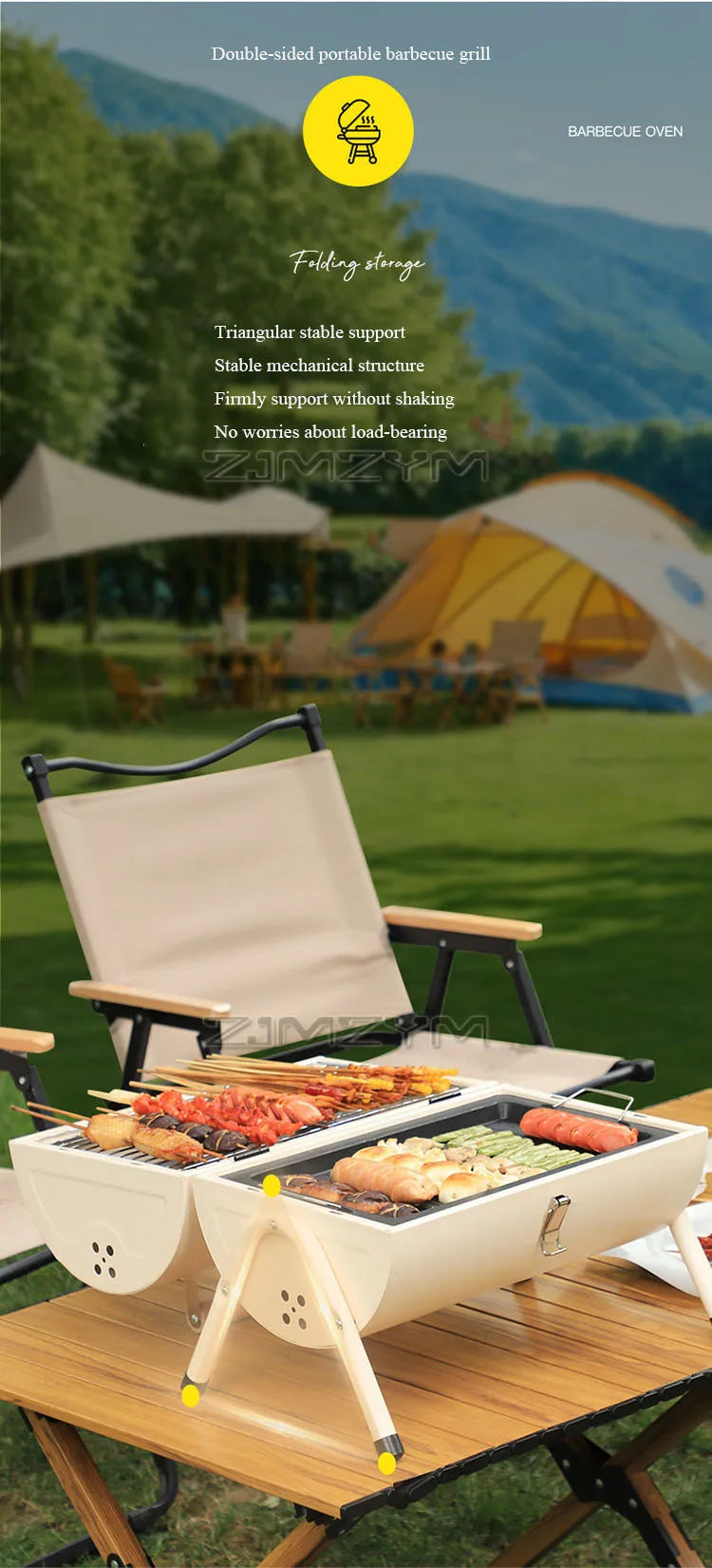 Double Sided Charcoal Grill Multi-Functional Portable Outdoor BBQ Grill Roasted Fried Chimney Stove For Cooking Camping Picnics