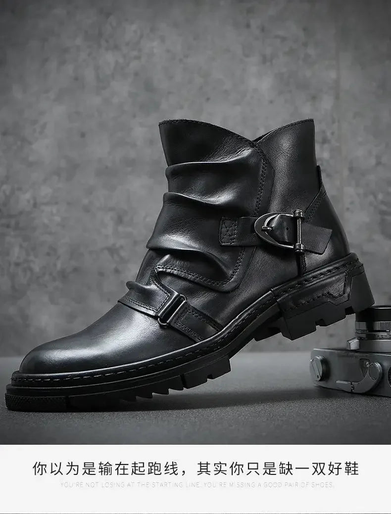 2025 Retro Men's Motorcycle Leather Boots British Style Round Head High Top Shoes Casual Platform Boots Moto Street Gear