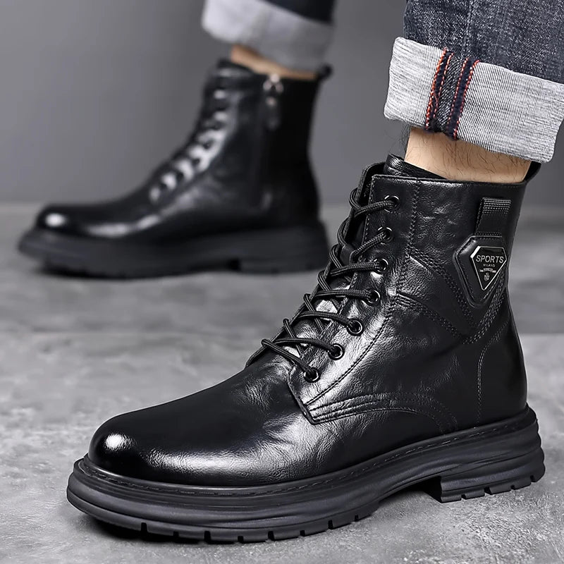 High Quality Brand Men's Leather Casual Shoes Outdoor Workwear Shoes Thick Soled Wear-resistant Men's Motorcycle Boots Handsome