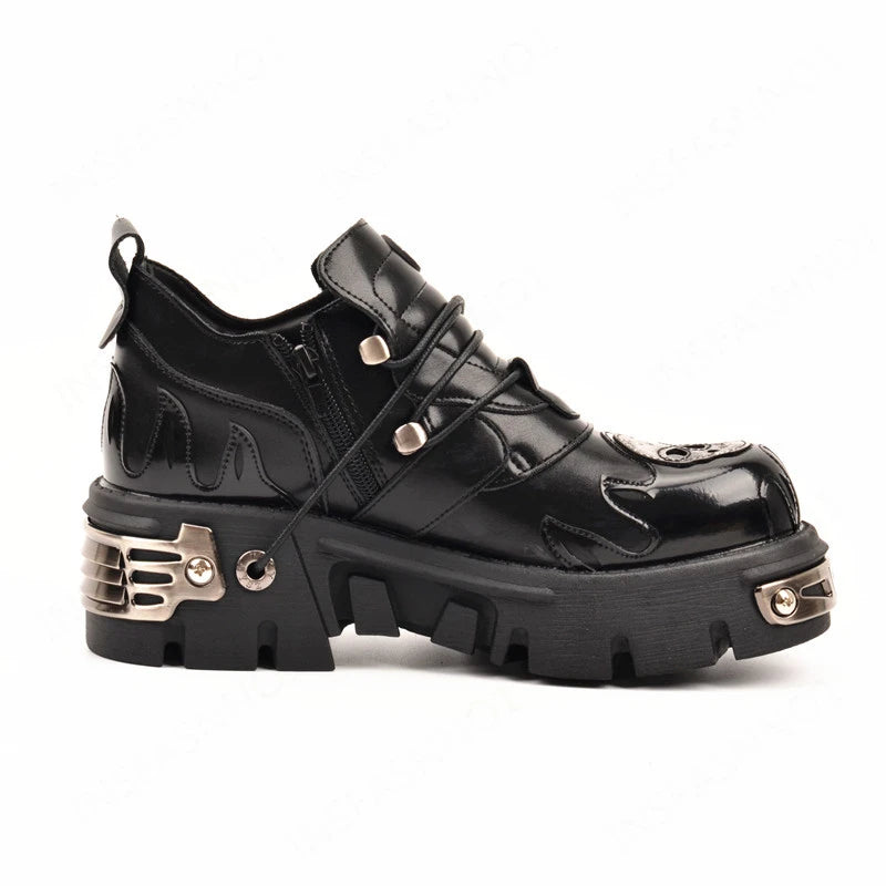 New Men's Gothic Skull Boots Black Women Shoes Designer Punk Metal Platform Walking Sneakers Skeleton Metal Buckles Ankle Boots