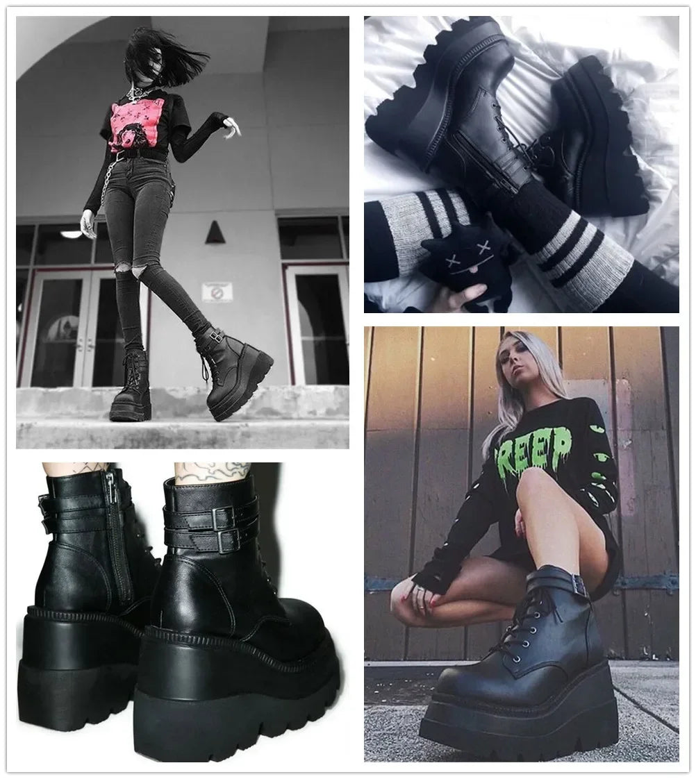 Brand Design  Big Sizes  Platform High Heels Cosplay Fashionable Autumn Winter Wedges Shoes Ankle Boots Women Booties 2024
