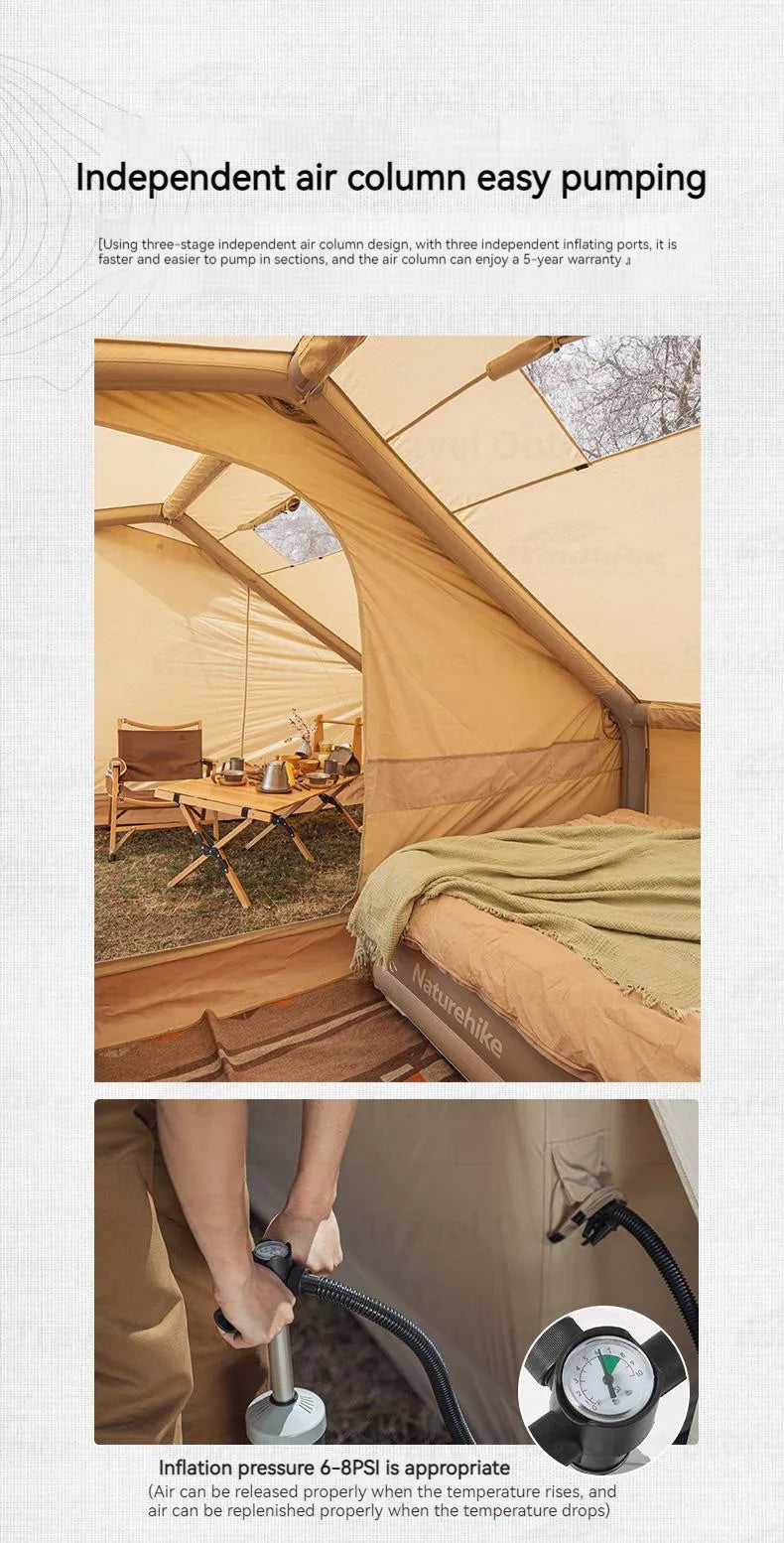 Naturehike Air Cabin Tent Inflatable Wall Camping Tent for 2-4 Person Family Group Travel Camping House Two Rooms Aluminum Alloy