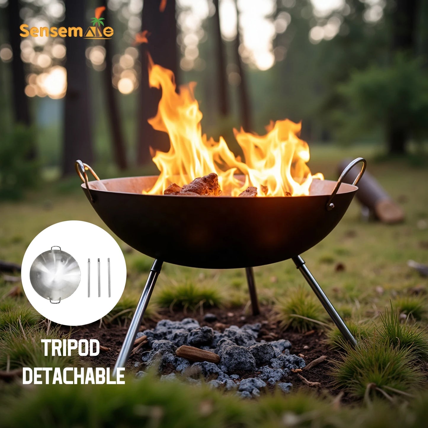 Tripod Fire Pit Grill Wood Burning Cooking Pot Detachable Legs Foldable Camping Charcoal BBQ Stove Heating Outdoor Garden Beach