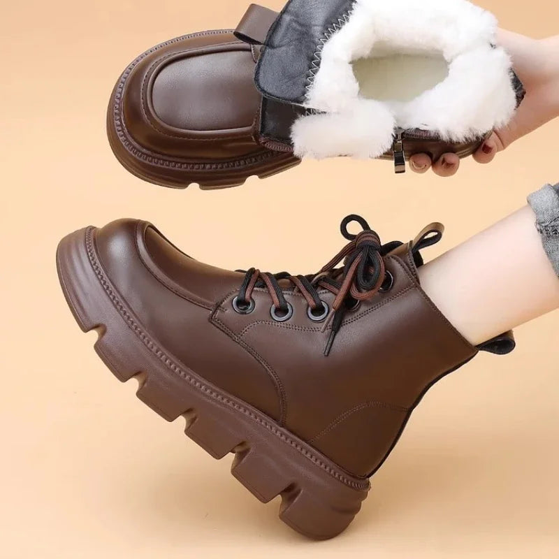 Women's Boots Winter New Fur Snow Boots Platform Plush Comfortable Anti Slip Warm Lace Up Cold Proof Cotton Ankle Boots Women