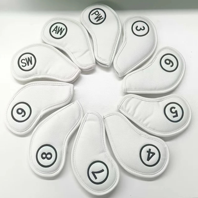 10 sets of portable PU golf club iron head cover magnetic protective cover golf club iron head cover set 3 4 5 6 7 8 9 AW SW PW