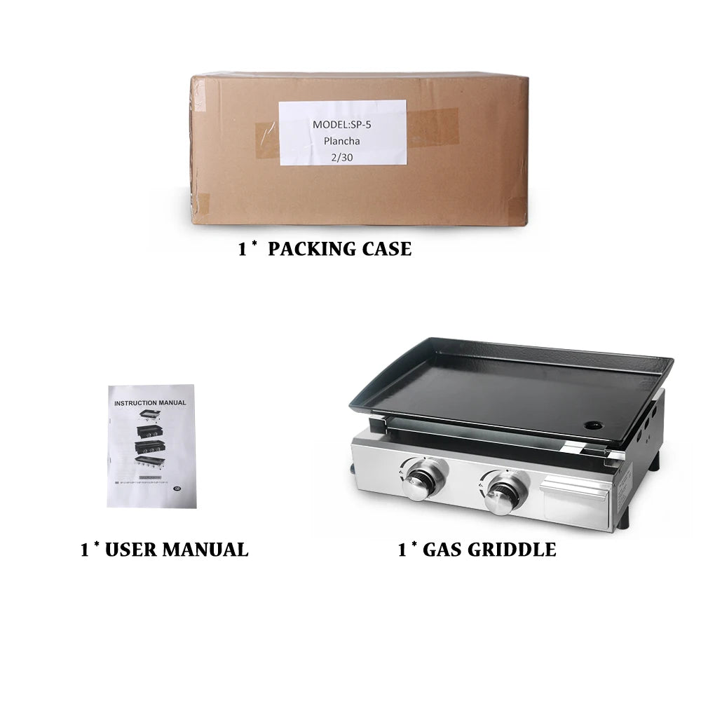 2 Burners Grill LPG BBQ Griddle for Commercial Non-stick Iron Plate Enamel Cooking Barbecue Steak Outdoor Grill Camping Cooking