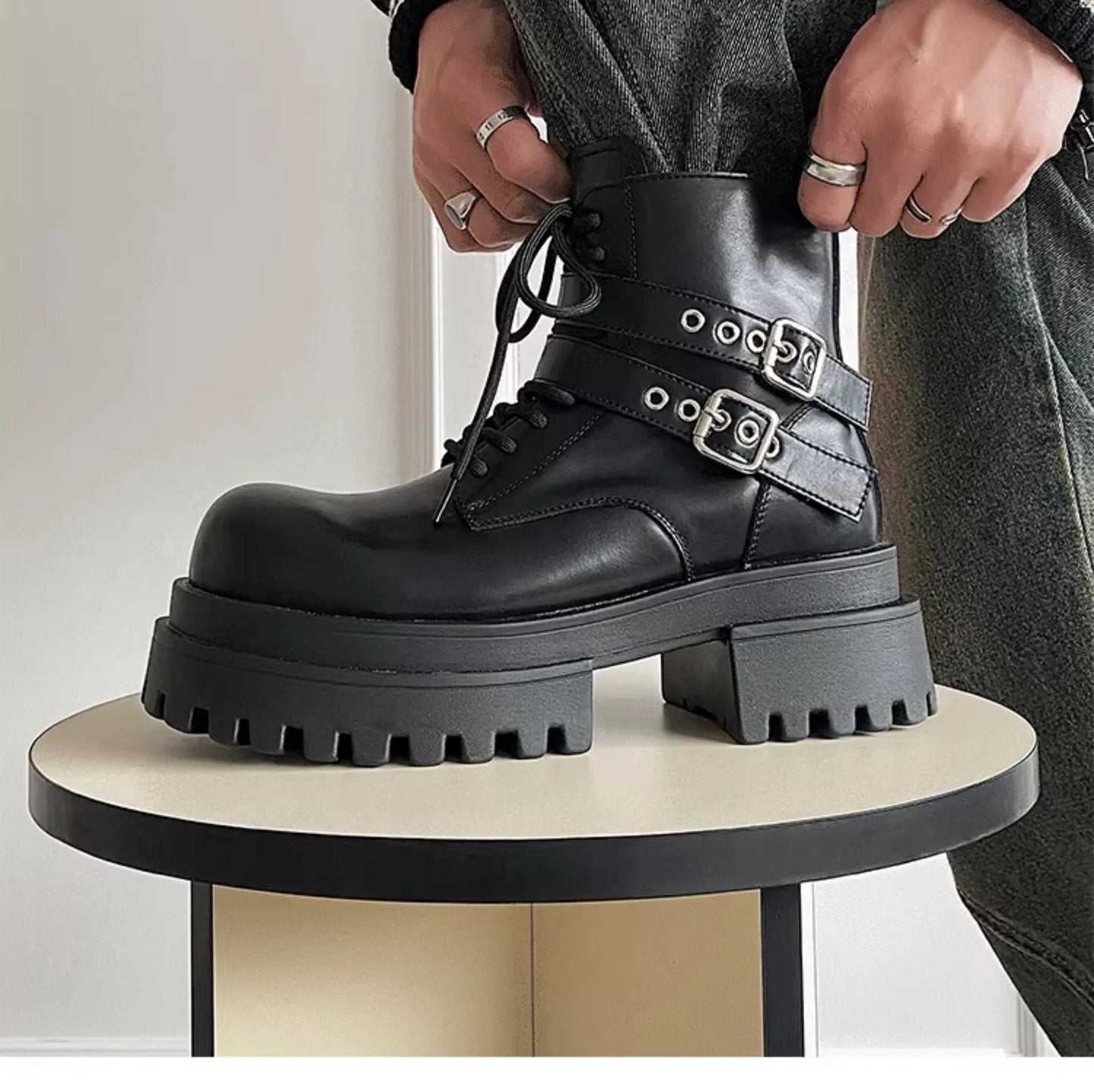 Height increased by 7CM short leather boots for men's dark punk functional motorcycle boots commuting buckle work clothes shoes