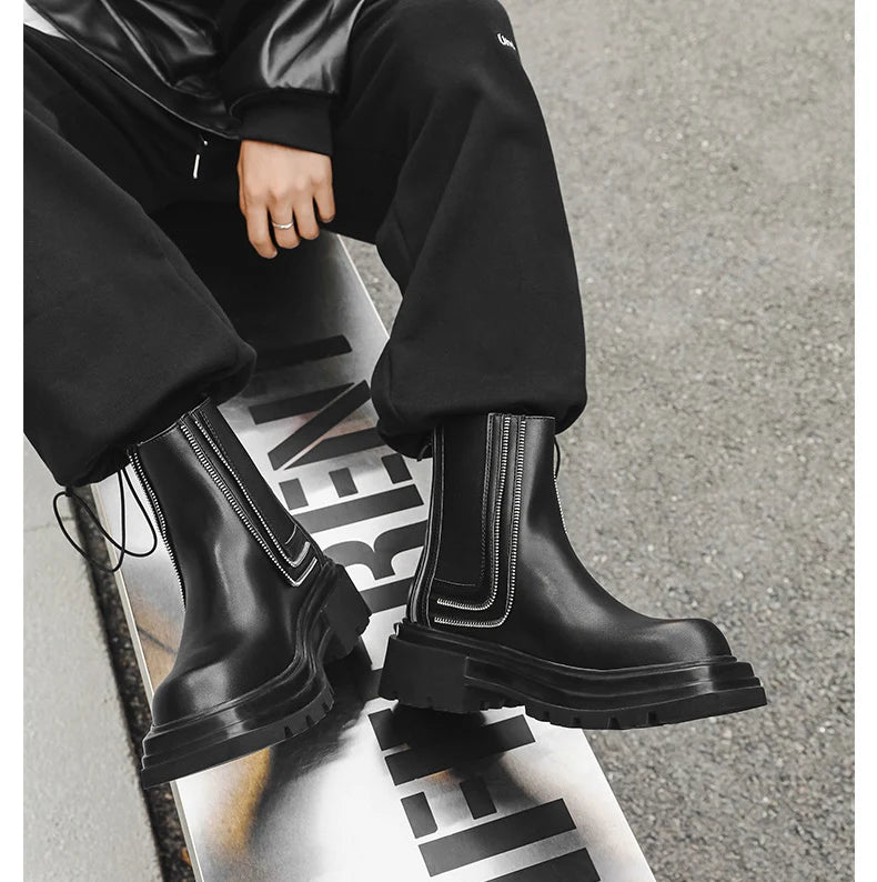 men's fashion punk rock high chelsea boots designer platform shoes cowboy original leather boot square toe long motorcycle botas