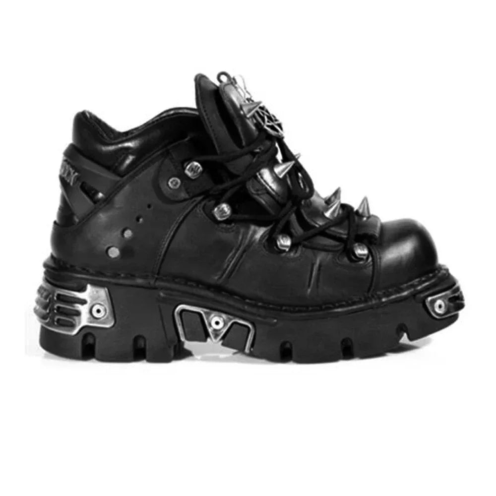 Fashion Men's Genuine Leather Motorcycle Boots,Retro Goth Punk Metal rivet Rock Skull Ankle Boots,Women Platform Work Shoes 48