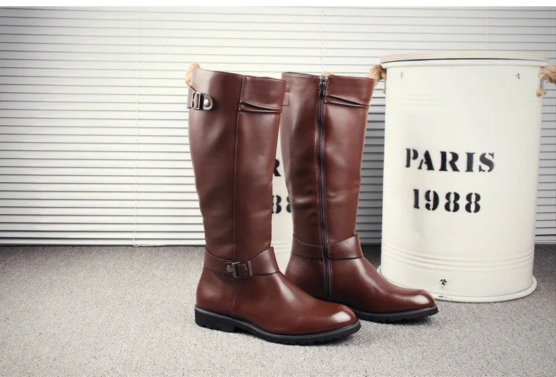 British Mens Black Leather Knee High Boots Desiger Zip Long Motorcycle Shoes Antique Cosplay Stage Botas Casual Comfort Zapatos