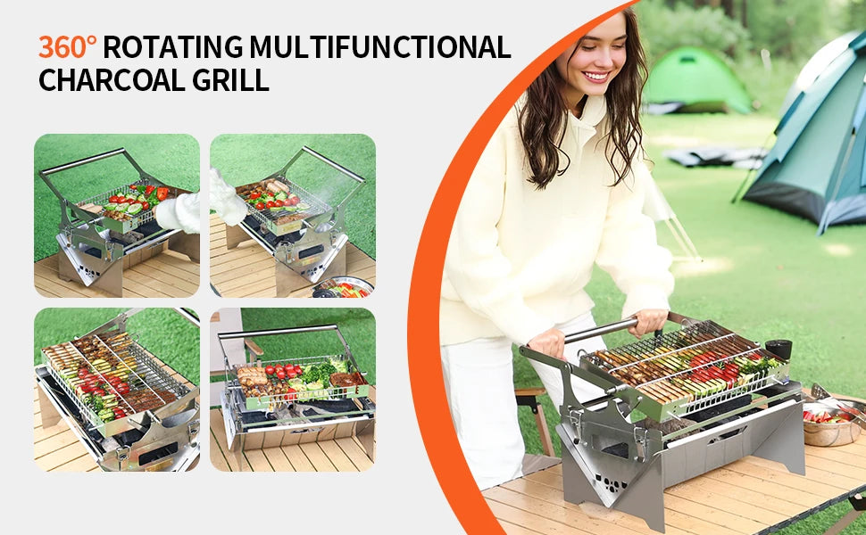New Upgrad Stainless Steel Grill Portable 360°Rotating Charcoal Grill with Flipping Basket