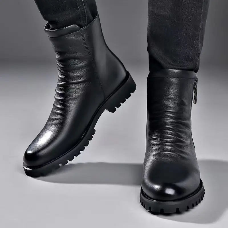 British style mens fashion autumn winter boots black stylish warm wool shoes cowboy genuine leather shoes high motorcycle botas