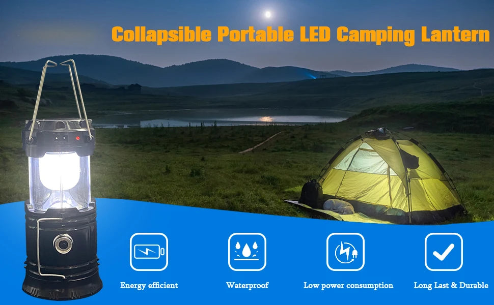 Solar Camping Lantern Collapsible LED Solar USB Rechargeable Lantern Flashlight Emergency Hanging Lights for Outdoor Camping
