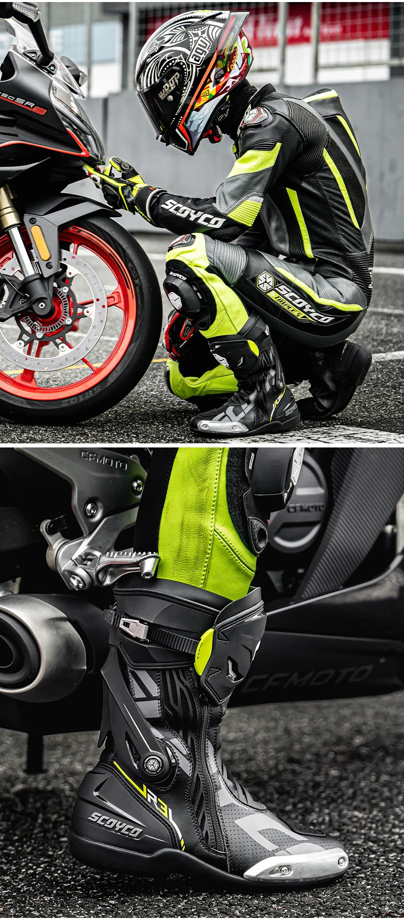 SCOYCO Motorcycle Boots Men Non-slip Anti-fall Professional Motorbike Racing Track Long Boots Mid-Calf Riding Protective Shoes