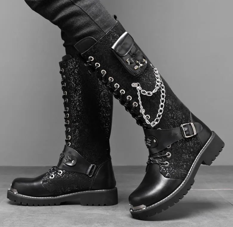 Men Motorcycle Boots Mid-calf Breathable Combat Boots Gothic Belt Punk Boots Men Shoes Hightop Casual  Metal toe boots 38-46