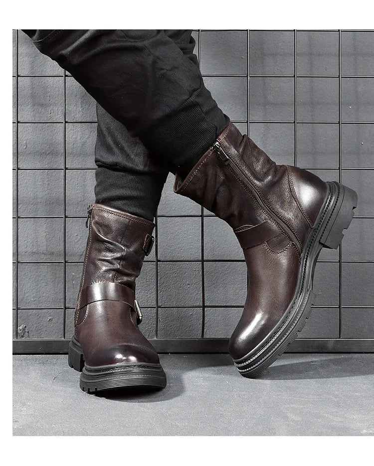 Waterproof Motorcycle Boots Autumn Quality Genuine Leather Retro High Top Motorbike Boots Wear Resistant Moto Riding Shoes