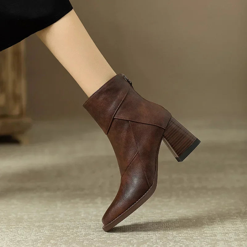 Woman Chunky Ankle Boots Women Zipper Retro Brown Soft Leather Short Boot Autumn New Square Toe Casual High Heel Booties Mujer