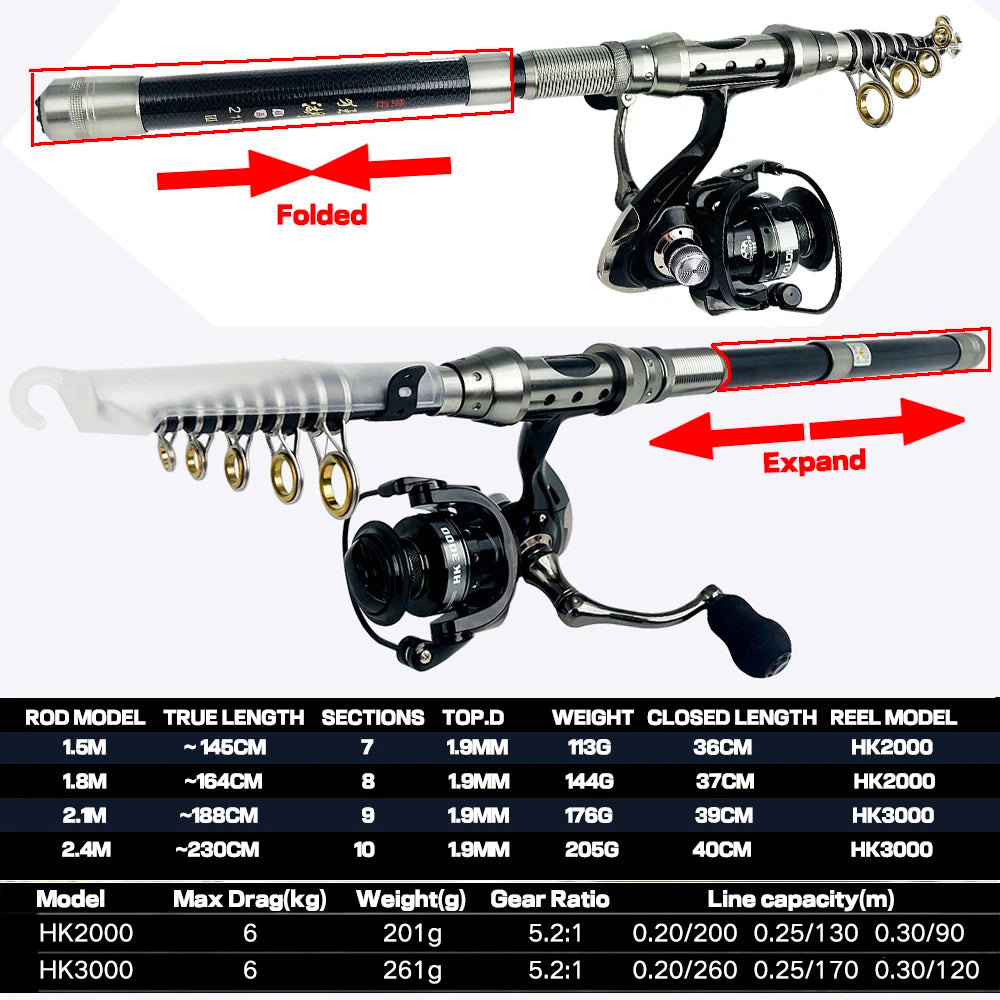 SEA ROD+REEL FISHING Telescopic Fishing Rods Spinning Portable Travel Reels Seat Pole 1.5M 1.8M 2.1M 2.4M Trout Fishing Kit