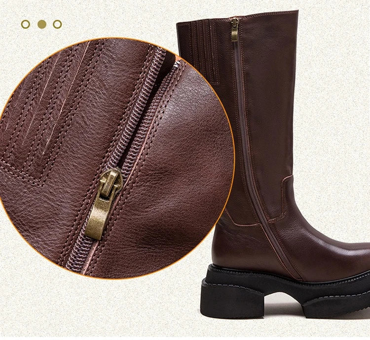 6.5cm Cow Genuine Leather Women Ankle Knee Motorcycle Booties Boots Chunky Heels Platform Wedge Shoes Chimney High ZIP Spring