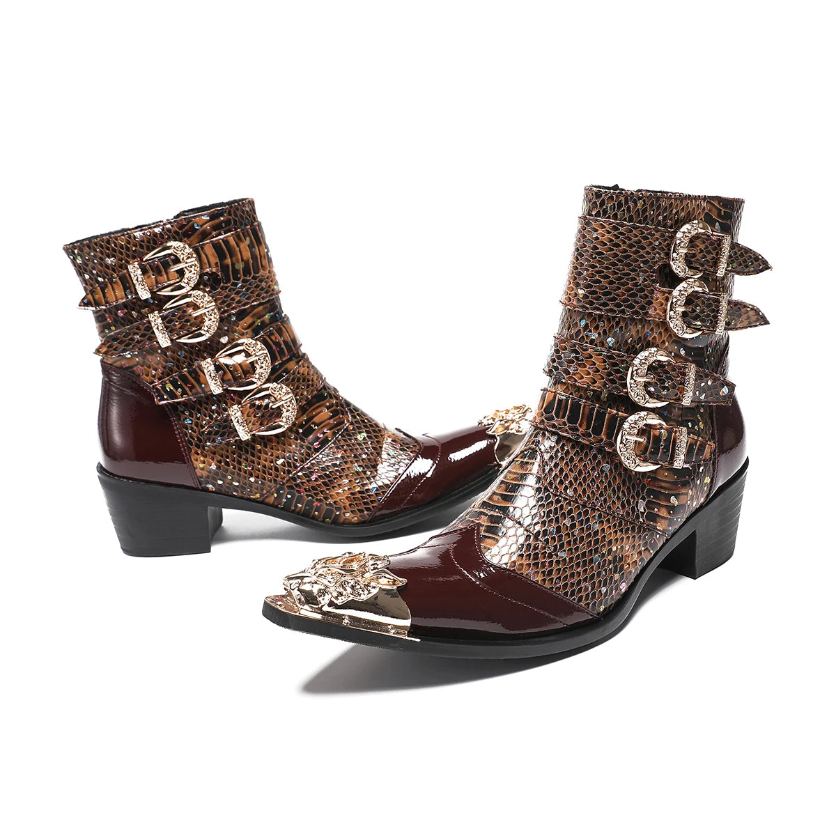 Botas British Metal Pointed Toe Short Boots Male Buckle Cowboy Boots Plus Size Shoes Men Genuine Leather Motorcycle Ankle Boots