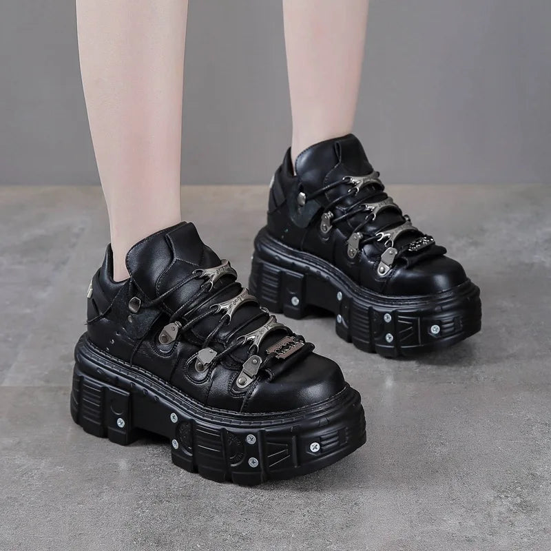 2025 New Black Dad Shoes 8cm Platform Women's Heavy Metal Personality Goth Punk Boots Men