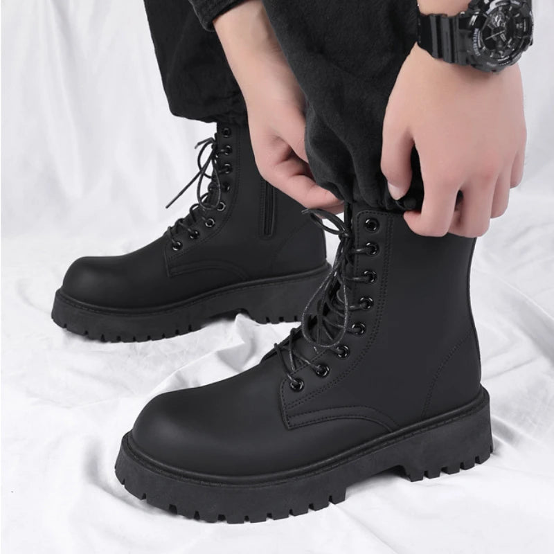 Black Leather Boots for Men High Top Platform Lace Up Light Fashion Motorcycle Boots British Style Men's Waterproof Casual Boots