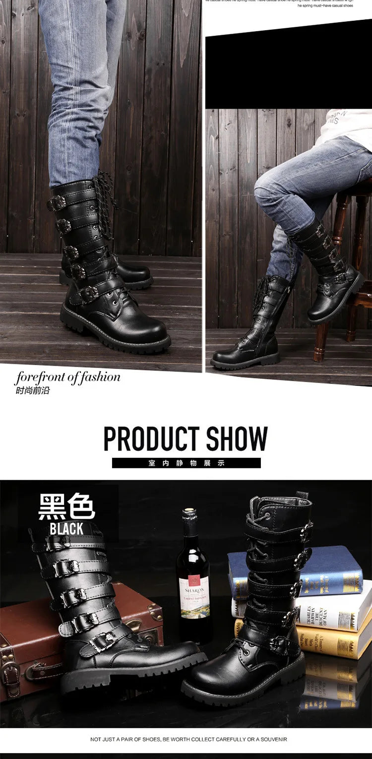 Men Winter Motorcycle Boots Mid-Calf Punk Rock Punk Shoes Mens PU Leather Black High Top Casual Boot Man Motorcycle Boots