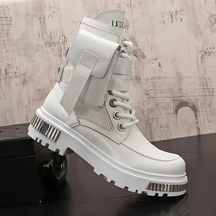 2025 New Men's Thin High-Top New Mid-Calf Motorcycle Height Increasing Insole Summer Ankle Boots Hollow out