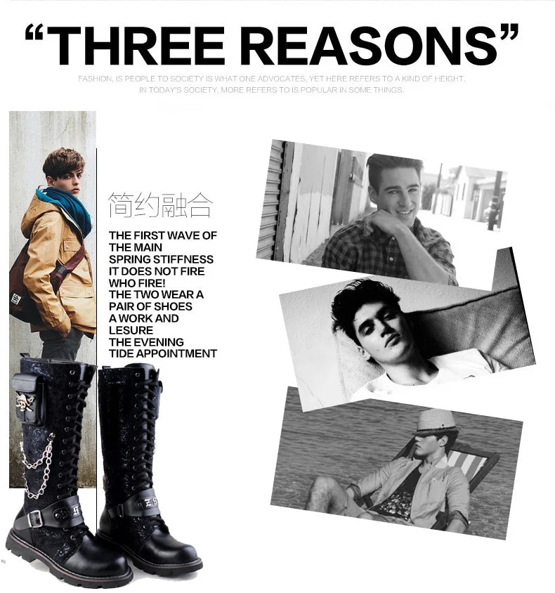 Men Motorcycle Boots  Knee High Boots Low Heels Knight Shoe man Vintage Boots male zapatos,Combat Boots Gothic Skull Punk Boots