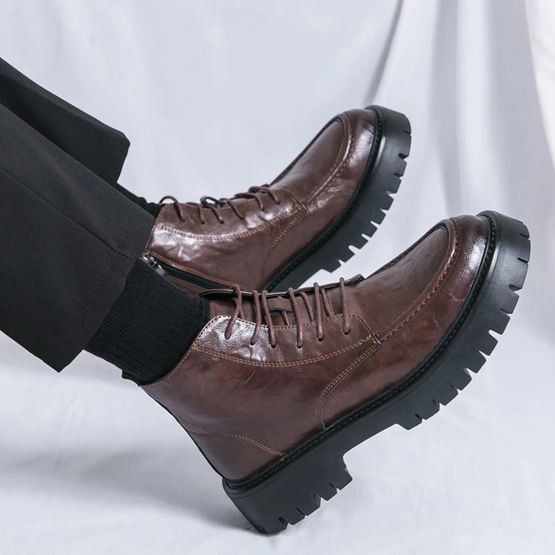 Fashion Men's Genuine Leather Casual Shoes Classic Outdoor Workwear Shoes Men's Motorcycle Boots Handsome Height Increasing