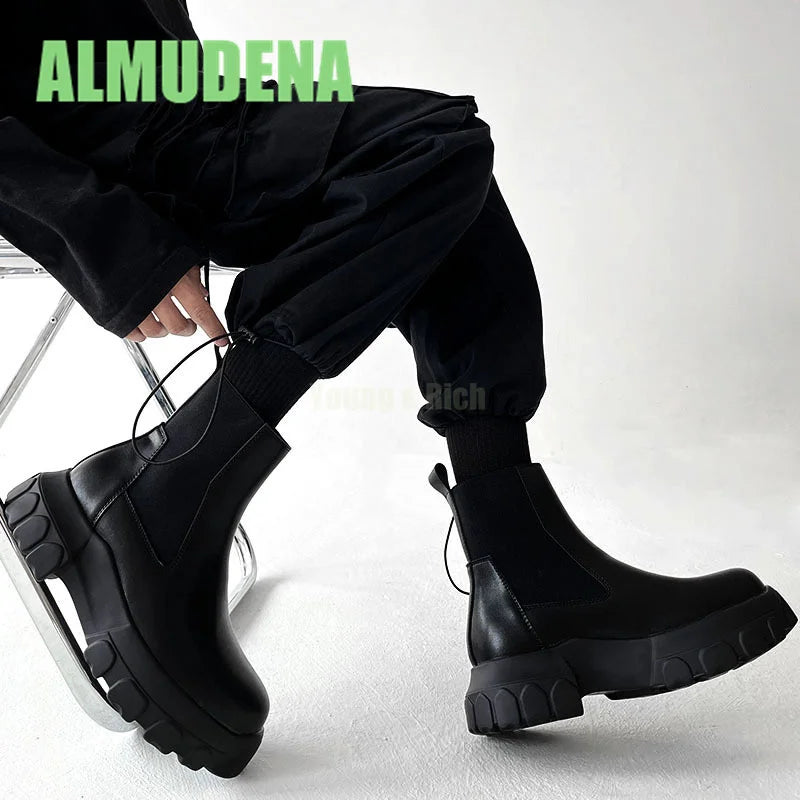 Thick Soled Chelsea Boots Men's Trendy High Top Boots Retro Handsome Motorcycle Boots Versatile Ankle Boots and Short Boots