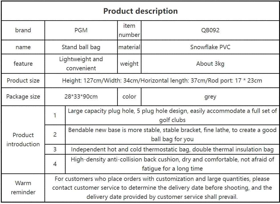 PGM Men's Golf Stand Bag, Stable Waterproof Stand Bag, Ultra-light Portable Golf Bag QB092