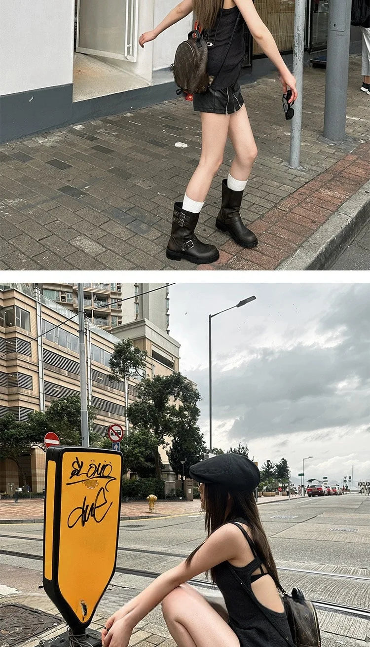 Spring and Autumn Women Boots Retro Platform Boots 2024 Round Toe Solid Color Low Heel Short Buckle Casual Women's Fashion Boots