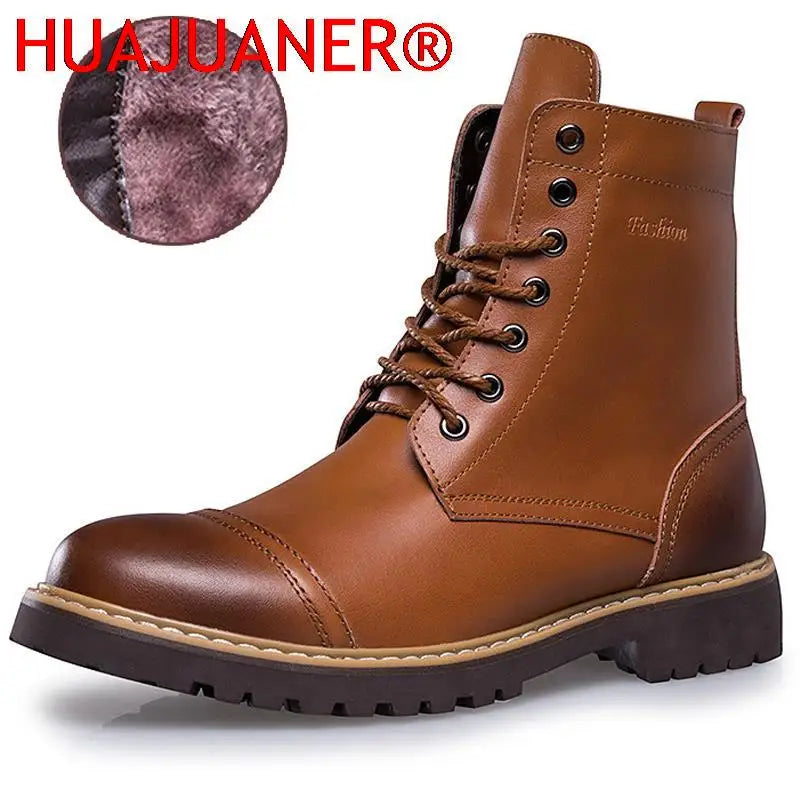 Genuine Leather Men's Boots Plush Warm Winter Boots High Quality Men Motorcycle Boots Fashion Tooling Shoes