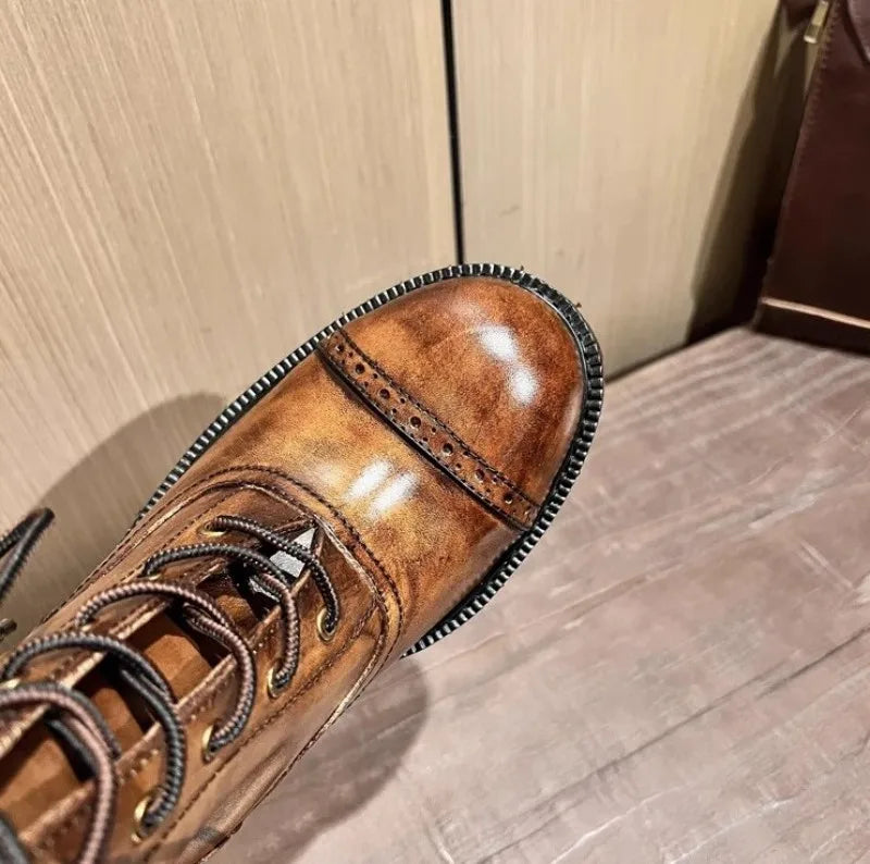 Vintage Mens Round Toe Lace Up High Top Work Safety Shoes Cowhide Genuine Leather Ankle Boots British Motorcycle Riding Boots 45