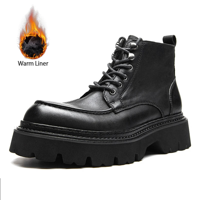 Men's Motorcycle Boots Genuine Leather High Top Motorbike Ankle Boots Thick Soled Vintage Round Toe Casual Punk Dress Shoes