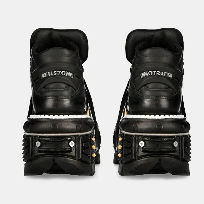 Fashion Men's Genuine Leather Punk New Motorcycle Boots Spanish Tank Metal High-Top Platform Women Handmade Ankle Shoes