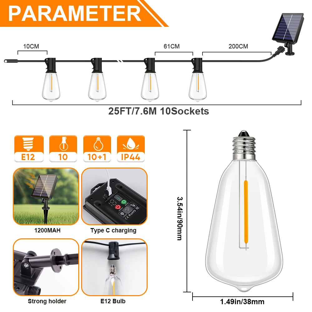 ST38 LED Solar String Light Dimmable Outdoor Shatterproof Garden Solar Powered String Lights with Remote Bistro Cafe Camping Dec