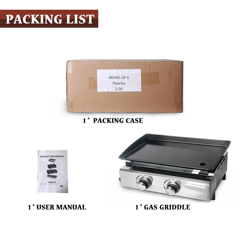 2 Burners Grill LPG BBQ Griddle for Commercial Non-stick Iron Plate Enamel Cooking Barbecue Steak Outdoor Grill Camping Cooking