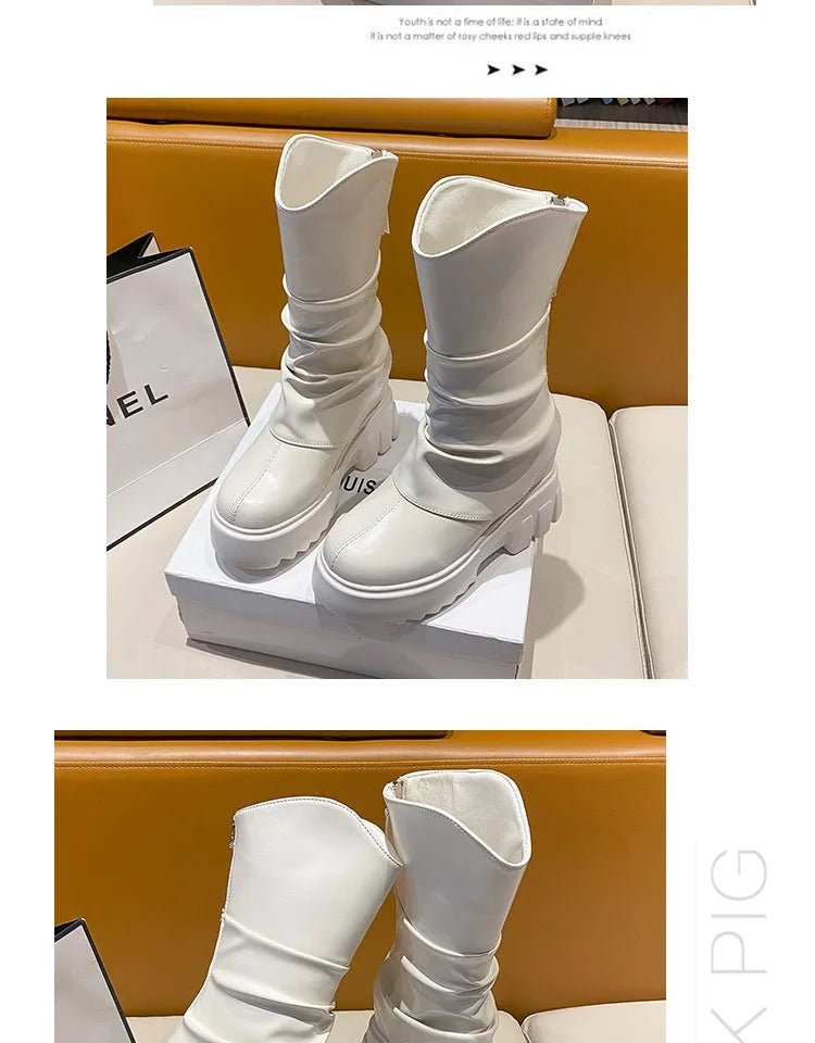 9CM Women Mid Calf Boots Autumn Winte Soft Leather Motorcycle Boots High Platform Square Heels Ladies Chunky Shoes Botas Mujer