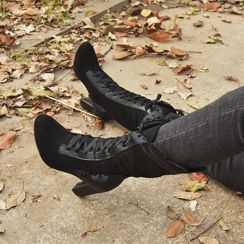 Women Lace Women's High Heel Middle Tube Boots Retro Leather Winter Shoes Booties Cowboy
