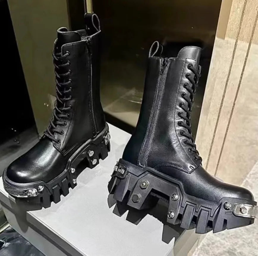 2025 new fashion platform women's retro punk tooling couple dark rock locomotive boots trendy shoes