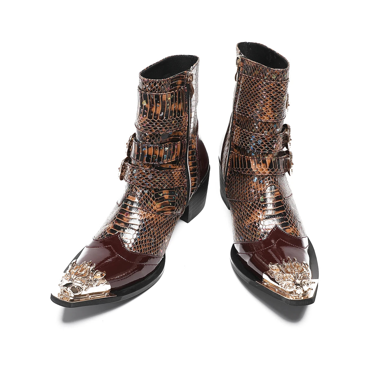 Botas British Metal Pointed Toe Short Boots Male Buckle Cowboy Boots Plus Size Shoes Men Genuine Leather Motorcycle Ankle Boots