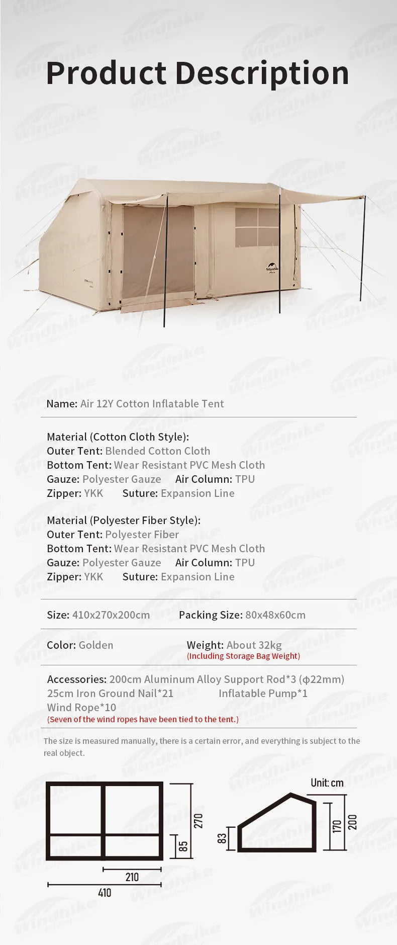 Naturehike Air Cabin Tent Inflatable Wall Camping Tent for 2-4 Person Family Group Travel Camping House Two Rooms Aluminum Alloy