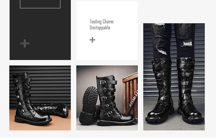 2025 High Leather Boots Men Black Boots Gothic Punk Motorcycle Boots Men Big Size 46 Comfy Platform Boots for Men Tooling Boots
